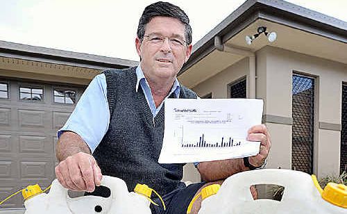 Michael Tappenden had a water leak under his driveway which was losing one-and-a-half of these containers – 30 litres – every hour. Michael Tappenden had a water leak under his driveway which was losing one-and-a-half of these containers – 30 litres – every hour.